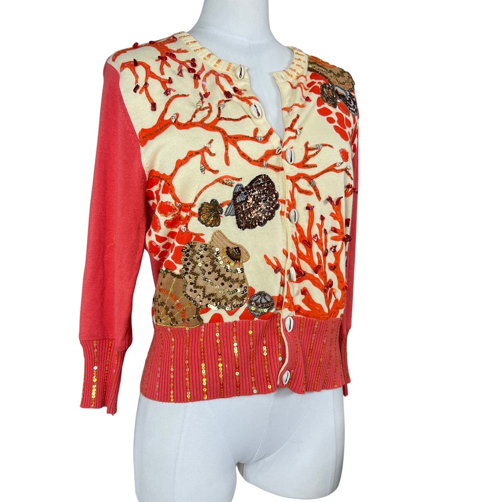 Just B Coral Reef Sequin Beaded Seashell Cardigan Sweater Cowrie Shell Buttons M